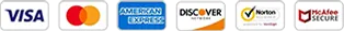 Image showing various payment method logos including VISA, MasterCard, American Express, Discover and security badges from Norton and McAfee.