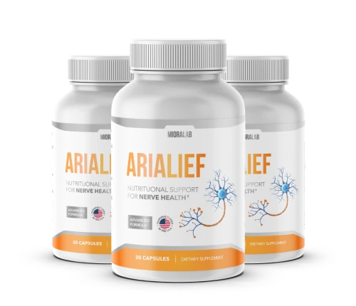 Three bottles of Arialief dietary supplement for nerve health, showing the label clearly with product branding.