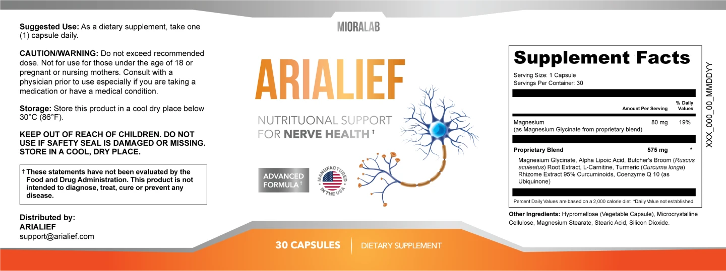 Product label of Arialief dietary supplement showing usage instructions, caution, supplement facts, and ingredients.